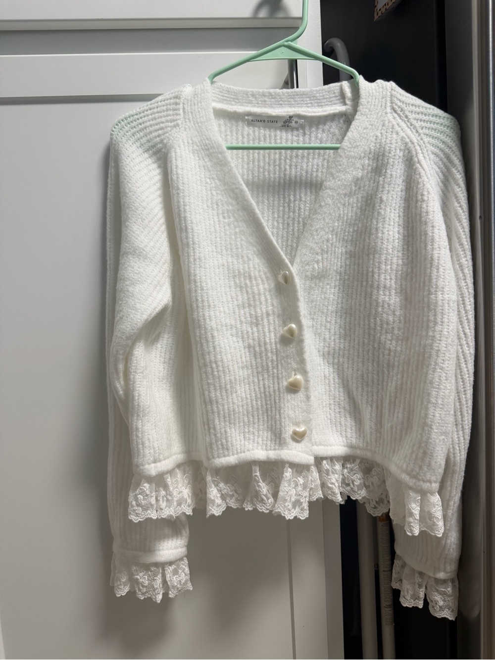 Altr’d State White Lace-Trim V-Neck Button Cardigan Sweater with heart buttons